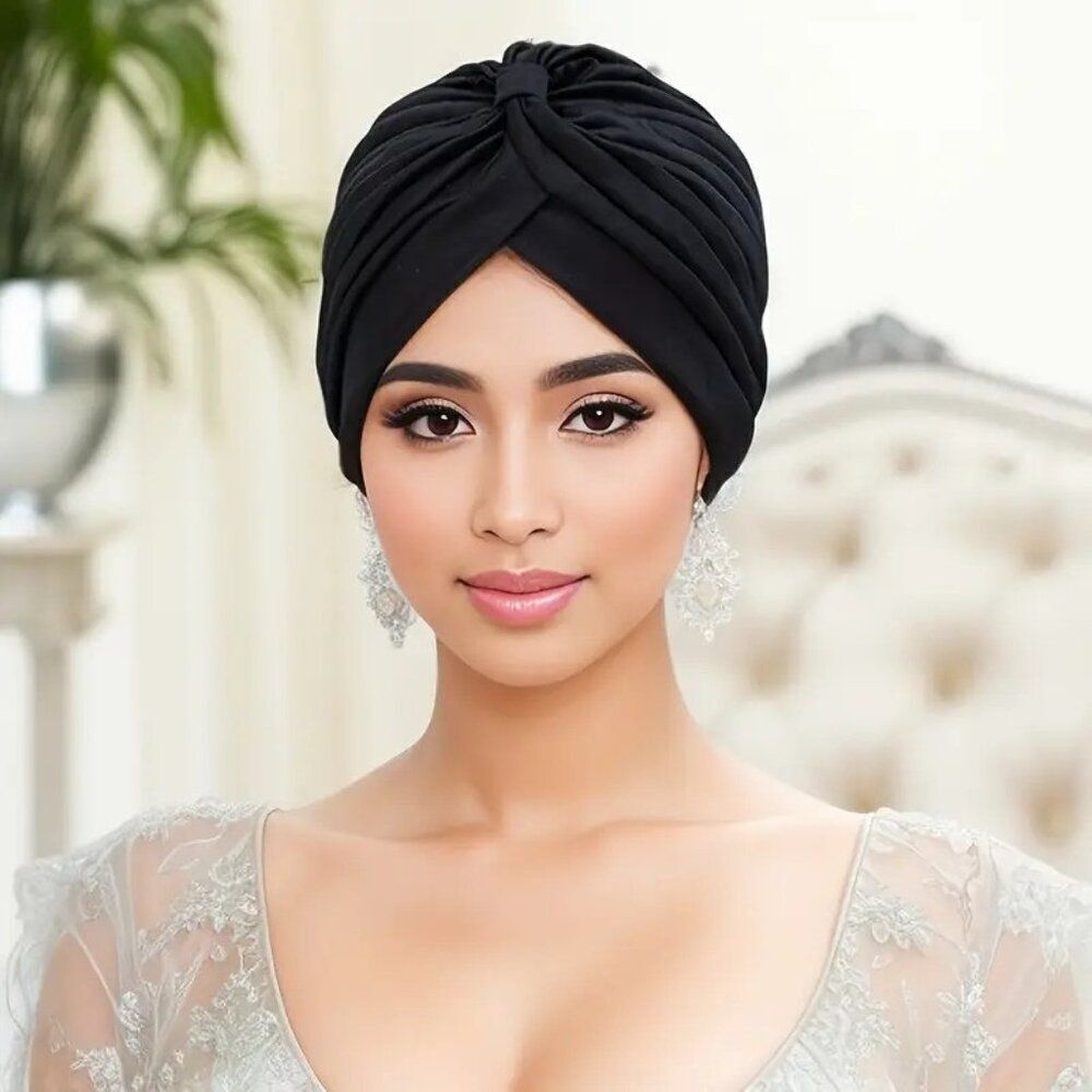 Elegant Women's Pleated Headscarf Cap Lightweight Breathable Polyester Solid